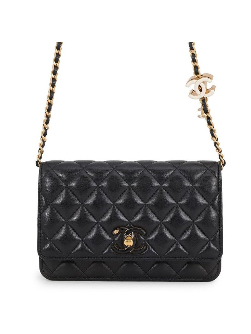 Chanel Chain Wallet Quilted CC Logo Shiny Lambskin Black Shoulder Bag